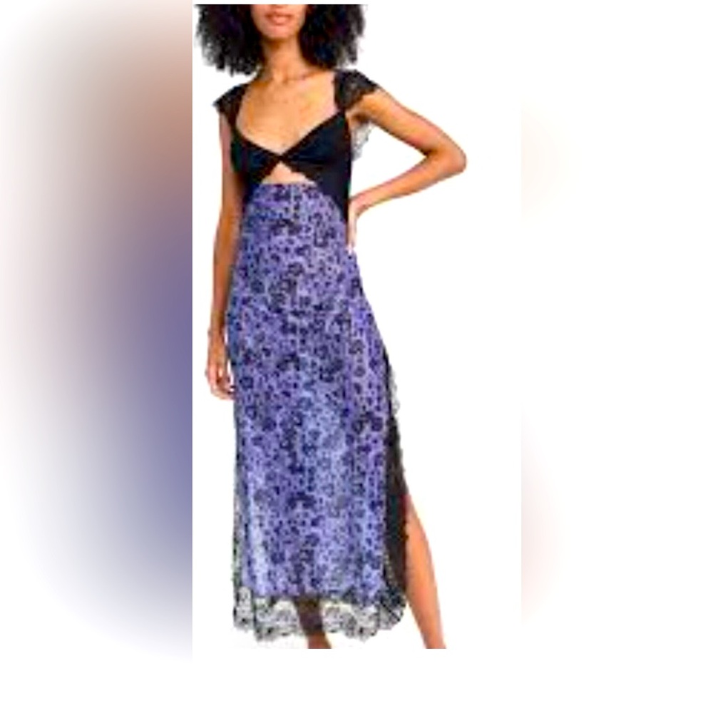 NWT Free People suddenly fine slip dress in a blue animal print black lace.